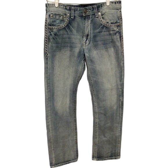 GS115 Men's Acid Wash Embroidered Chelsea Slim Fit Jeans Size 32x32 Stylish - Picture 2 of 6